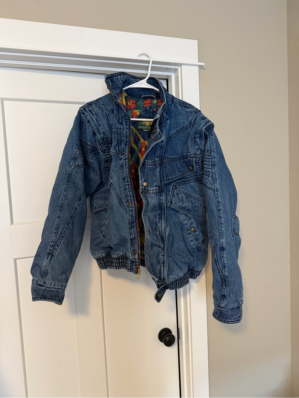 Vintage Blue Denim Bomber Jacket with Patterned Lining
